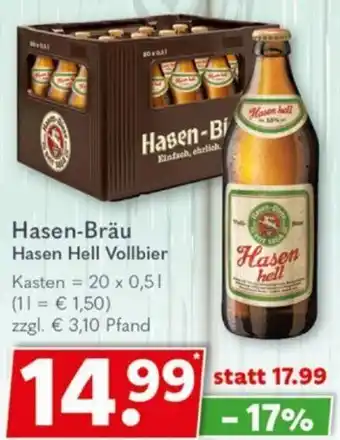 Getränkeland Hasen Bräu Hasen Hell Vollbier 20 x 0,5 L Kasten Angebot