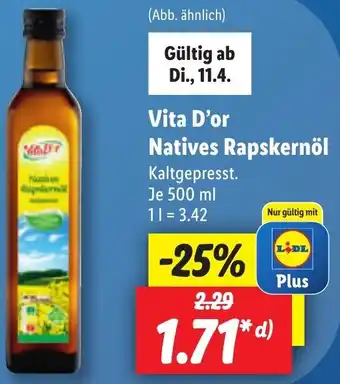 Lidl Vita D'or Natives Rapskernöl 500 ml Angebot