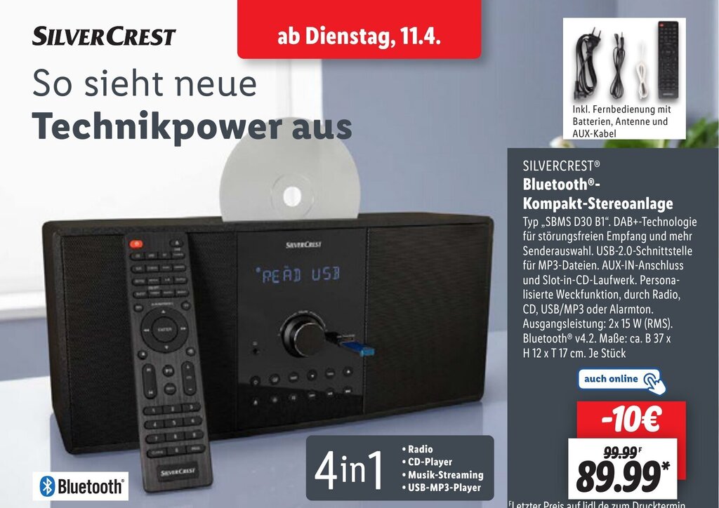 Silvercrest Bluetooth Kompakt Stereoanlage SBMS D30 B1 Angebot bei Lidl