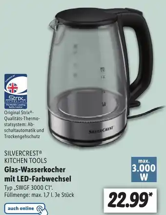 Lidl Silvercrest Kitchen Tools Glas Wasserkocher mit LED Farbwechsel SWGF 3000 C1 Angebot