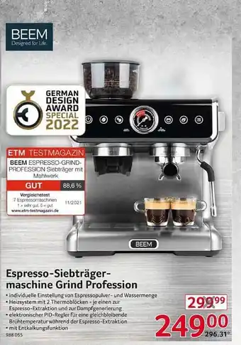 Selgros Espresso-siebträgermaschine grind profession beem Angebot