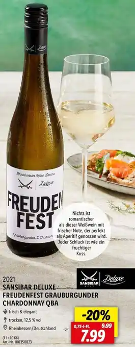 Lidl 2021 Sansibar Deluxe Freudenfest Grauburgunder Chardonnay QbA 0,75 L-Fl. Angebot