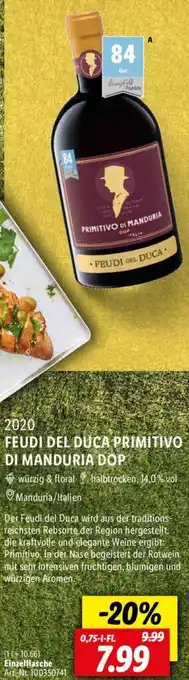 Lidl 2020 Feudi Del Duca Primitivo di Manduria DOP 0,75 L-Fl. Angebot