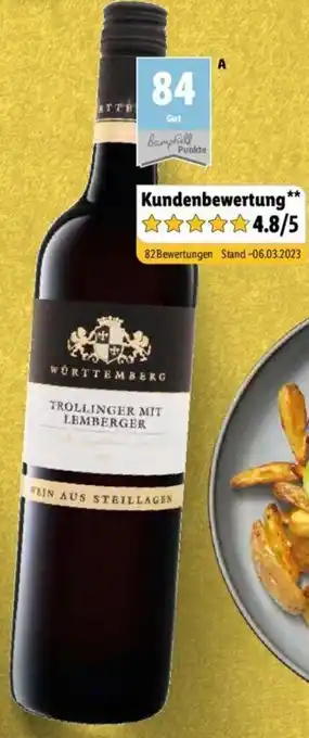 Lidl 2019 Württemberg Trollinger mit Lemberger QbA 0,75 L Flasche Angebot