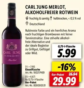 Lidl Carl Jung Merlot, Alkoholfreier Rotwein 0,75 L Flasche Angebot