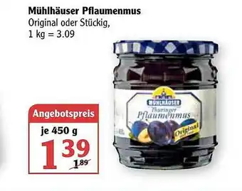 Globus Mühlhäuser Pflaumenmus 450g Angebot