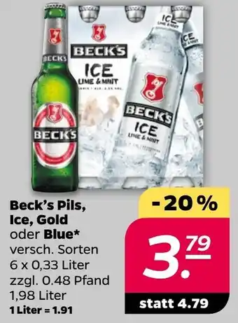 NETTO Beck's Pils, Ice, Gold oder Blue 6 x 0,33 Liter Angebot