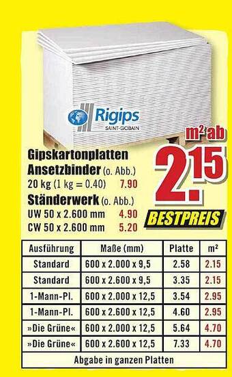 B1 Discount Baumarkt Gipskartonplatten ansetzbinder oder ständerwerk Angebot