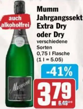 Hit Mumm Jahrgangssekt Extra Dry oder Dry 0,75 L Flasche Angebot