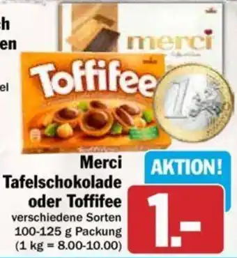 Hit Merci Tafelschokolade oder Toffifee 100-125 g Packung Angebot