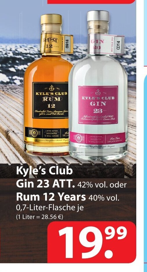 Kyle's Club Gin 23 ATT. 42 vol. oder Rum 12 Years 40 vol. 0,7Liter