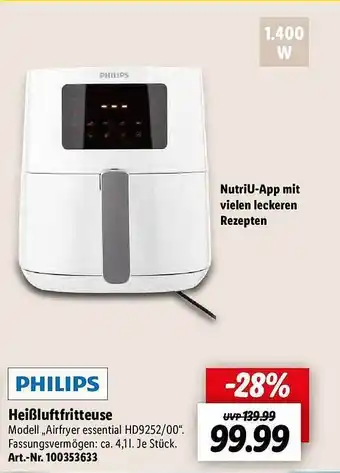 Lidl Philips heißluftfritteuse airfryer essential hd9252.00 Angebot