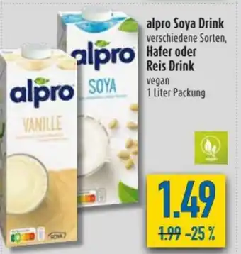 diska Alpro Soya Drink , Hafer oder Reis Drink 1L Angebot