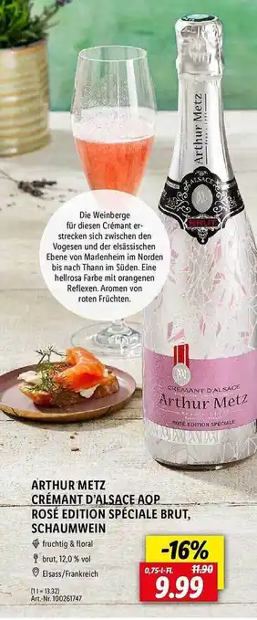 Lidl Arthur metz crémant d'alsace aop rosé edition spéciale brut, schaumwein Angebot