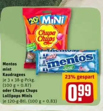 REWE City Mentos Mint Kaudragees 3x38g oder Chupa Chups Lollipops Minis 120g Angebot