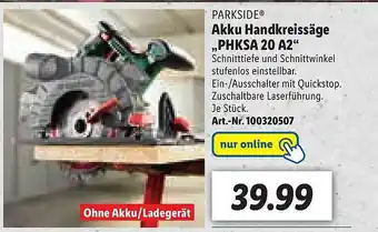 Lidl Parkside Akku Handkreissäge „phksa 20 A2” Angebot