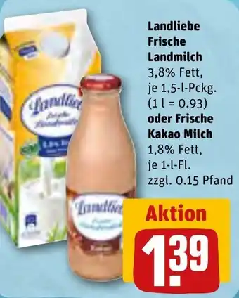 REWE Landliebe Frische Landmilch 1,5 L Pckg. oder Frische Kakao Milch 1 L-Fl. Angebot