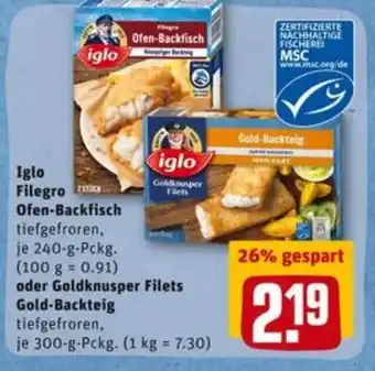 REWE City Iglo Filegro Ofen Backfisch 240g oder Goldknusper filets Gold Backteig 300g Angebot