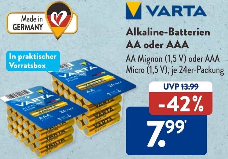 Varta Alkaline Batterien AA oder AAA Angebot bei Aldi Süd