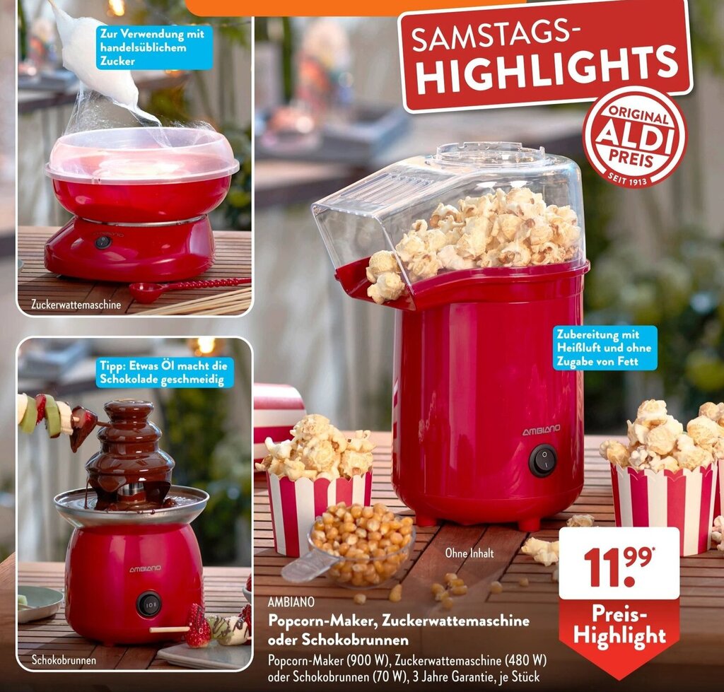 Ambiano Popcorn Maker, Zuckerwattemaschine oder Schokobrunnen Angebot