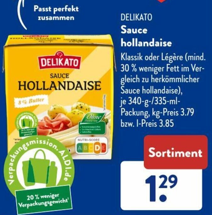 Delikato Sauce Hollandaise 340 g/335 ml Packung Angebot bei Aldi Süd