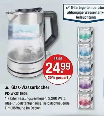 V Markt Glas-wasserkocher pc-wks1190g Angebot