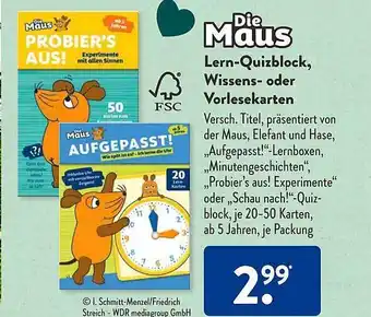 Aldi Süd Die maus lern-quizblock, wissens- oder vorlesekarten Angebot