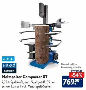 Aldi Süd Scheppach Holzspalter Compactor 8T Angebot