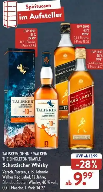 Aldi Süd Talisker/Johnnie Walker/The Singleton/Dimple Schottischer Whisky 0,7 L Flasche Angebot