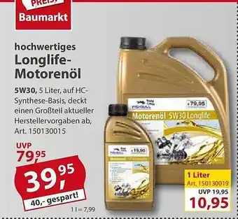 Sonderpreis Baumarkt Hochwertiges longlife-motorenöl 5w30 Angebot