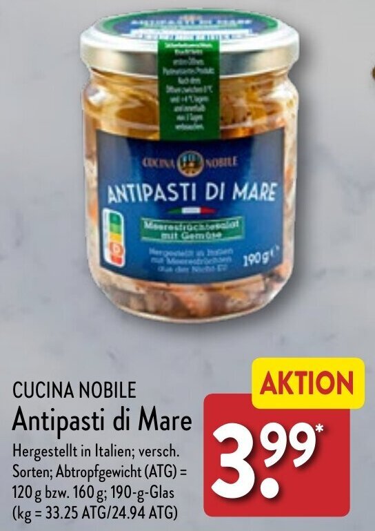 Cucina Nobile Antipasti di Mare 120, 160, 190 g Glas Angebot bei Aldi Nord