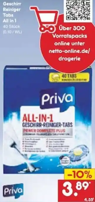 Netto Marken-Discount Priva Geschirr Reiniger Tabs All in 1, 40 Stück Angebot