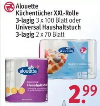 Rossmann Alouette Küchentücher XXL Rolle 3-lagig 3x100 Blatt oder Universal Haushaltstuch 3-lagig, 2x70 Blatt Angebot