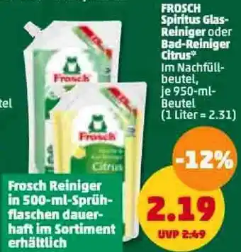 PENNY Frosch Spiritus Glas Reiniger oder Bad Reiniger Citrus 950 ml Beutel Angebot