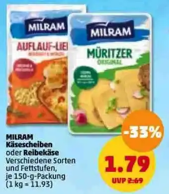 PENNY Milram Käsescheiben oder Reibekäse 150 g Packung Angebot