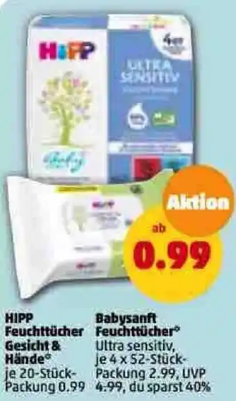 PENNY Hipp Feuchttücher Gesicht & Hände 20 Stück oder Babysanft Feuchttücher 4x52 Stück Packung Angebot