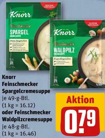 REWE Knorr Feinschmecker Spargelcremesuppe 49 g oder Feinschmecker Waldpilzcremesuppe 48 g Btl. Angebot
