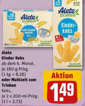 REWE Alete Kinder Keks 180 g oder Mahlzeit zum Trinken 2x200 ml Pckg. Angebot