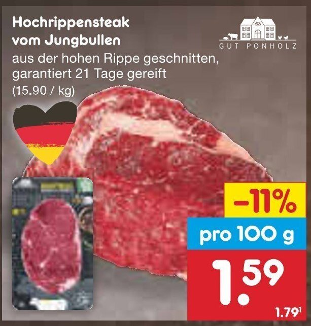 GUT PONHOLZ Hochrippensteak vom Jungbullen 100 g Angebot bei Netto Marken-Discount