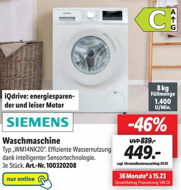 Siemens Waschmaschine WM14NK20 Angebot bei Lidl