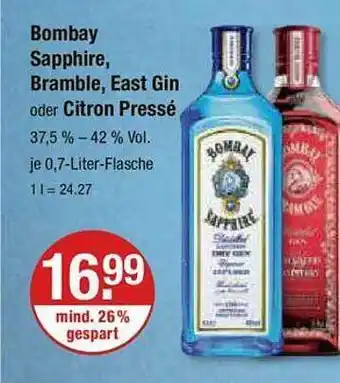 V Markt Bombay sapphire bramble, east gin oder citron pressé Angebot