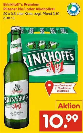 Netto Getränke Discount Brinkhoff's Premium Pilsener No.1 oder Alkoholfrei 20x0,5 Liter Kiste Angebot