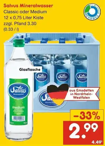 Netto Getränke Discount Salvus Mineralwasser 12x0,75 Liter Kiste Angebot