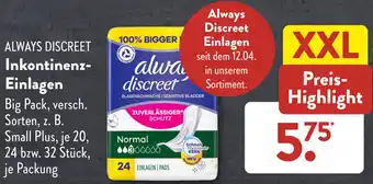 Aldi Süd Always Discreet Inkotinenz Einlagen Angebot