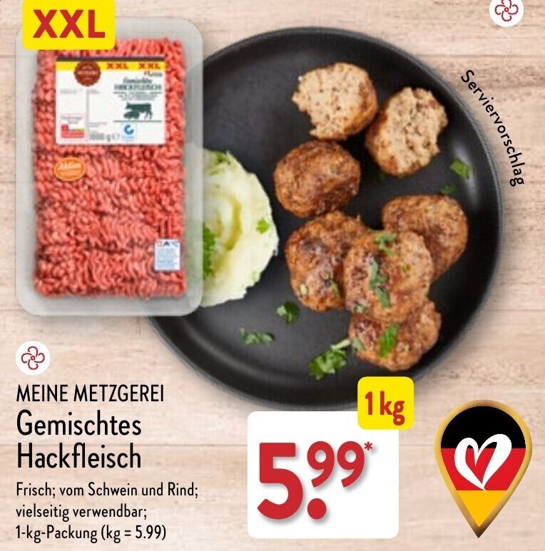 Meine Metzgerei Gemischtes Hackfleisch 1 kg Packung Angebot bei Aldi Nord