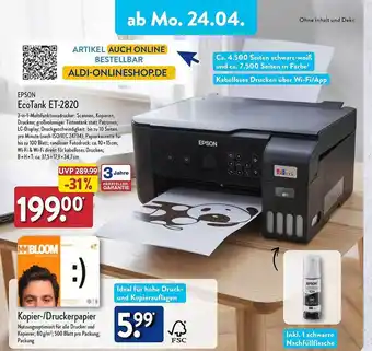 Aldi Nord Epson ecotank et-2820 oder kopier-druckerpapier Angebot