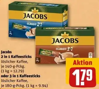 REWE Center Jacobs 2in1 Kaffeesticks 140 g oder 3in1 Kaffeesticks Löslicher Kaffee 180 g Pckg. Angebot