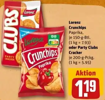 REWE Center Lorenz Crunchips 150 g Btl. oder Party Clubs Cracker 200 g Pckg. Angebot