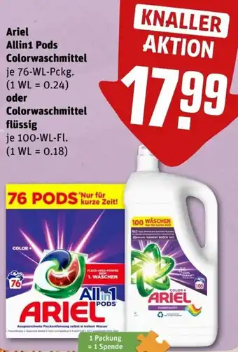 REWE Center Ariel Allin1 Pods Colorwaschmittel 76 WL Pckg. oder Colorwaschmittel flüssig 100 WL-Fl. Angebot