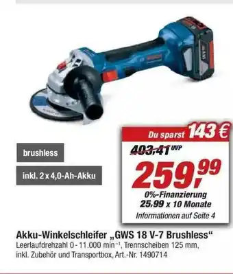 toom Baumarkt Akku-winkelschleifer „gws 18v-7 Brushless” Angebot